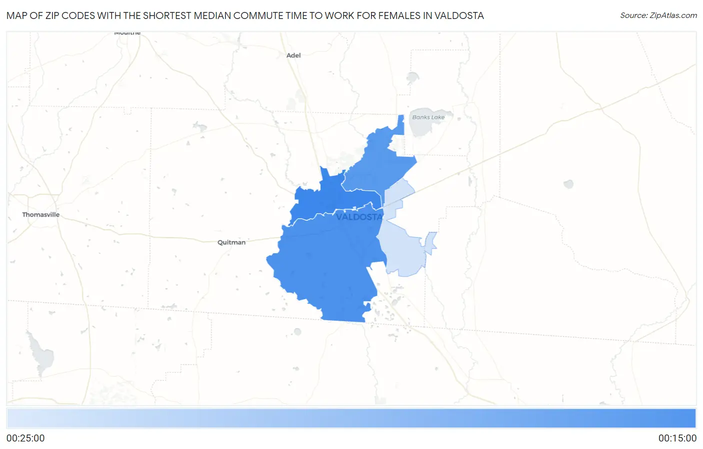 Zip Codes with the Shortest Median Commute Time to Work for Females in Valdosta Map
