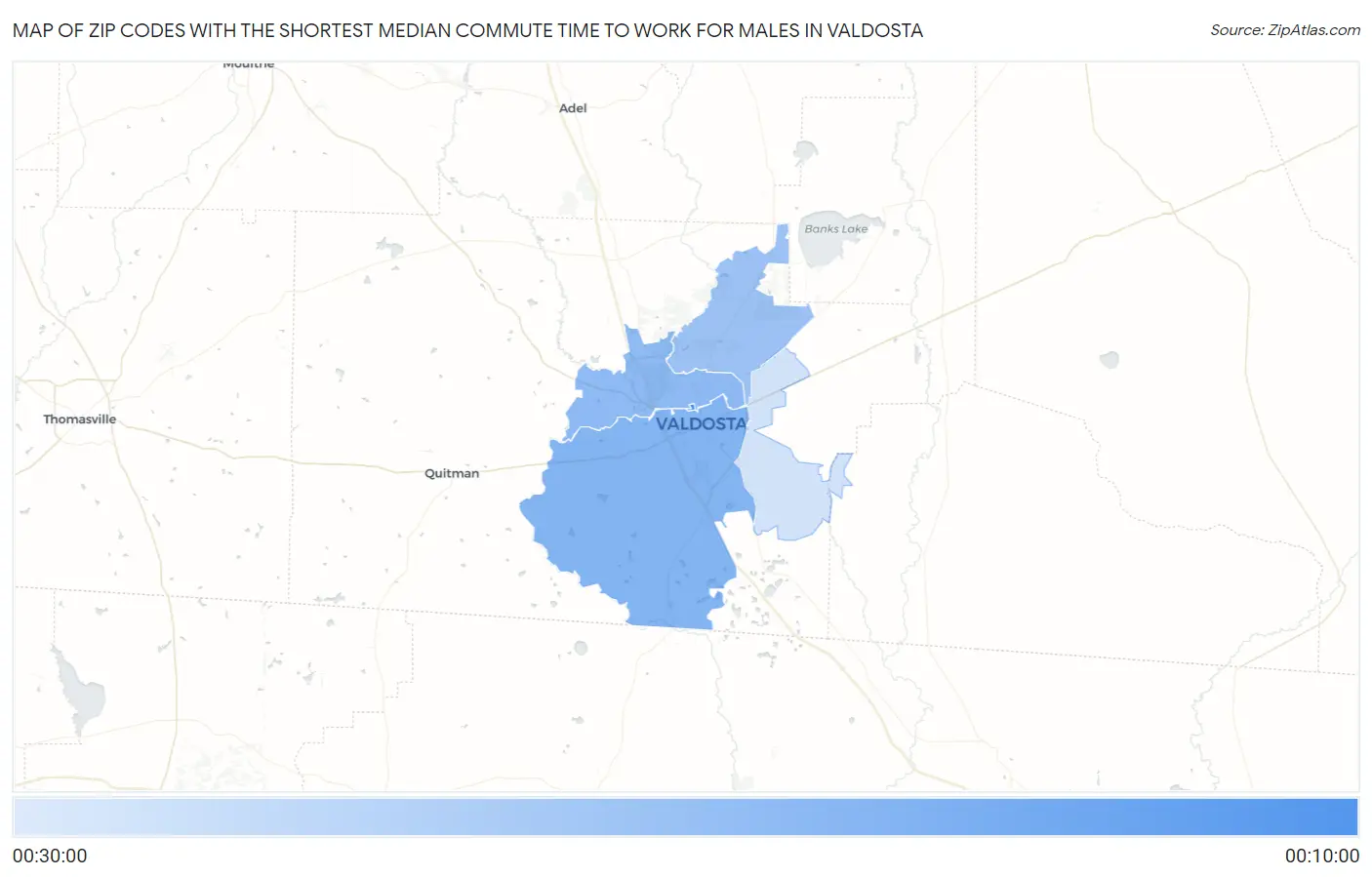Zip Codes with the Shortest Median Commute Time to Work for Males in Valdosta Map