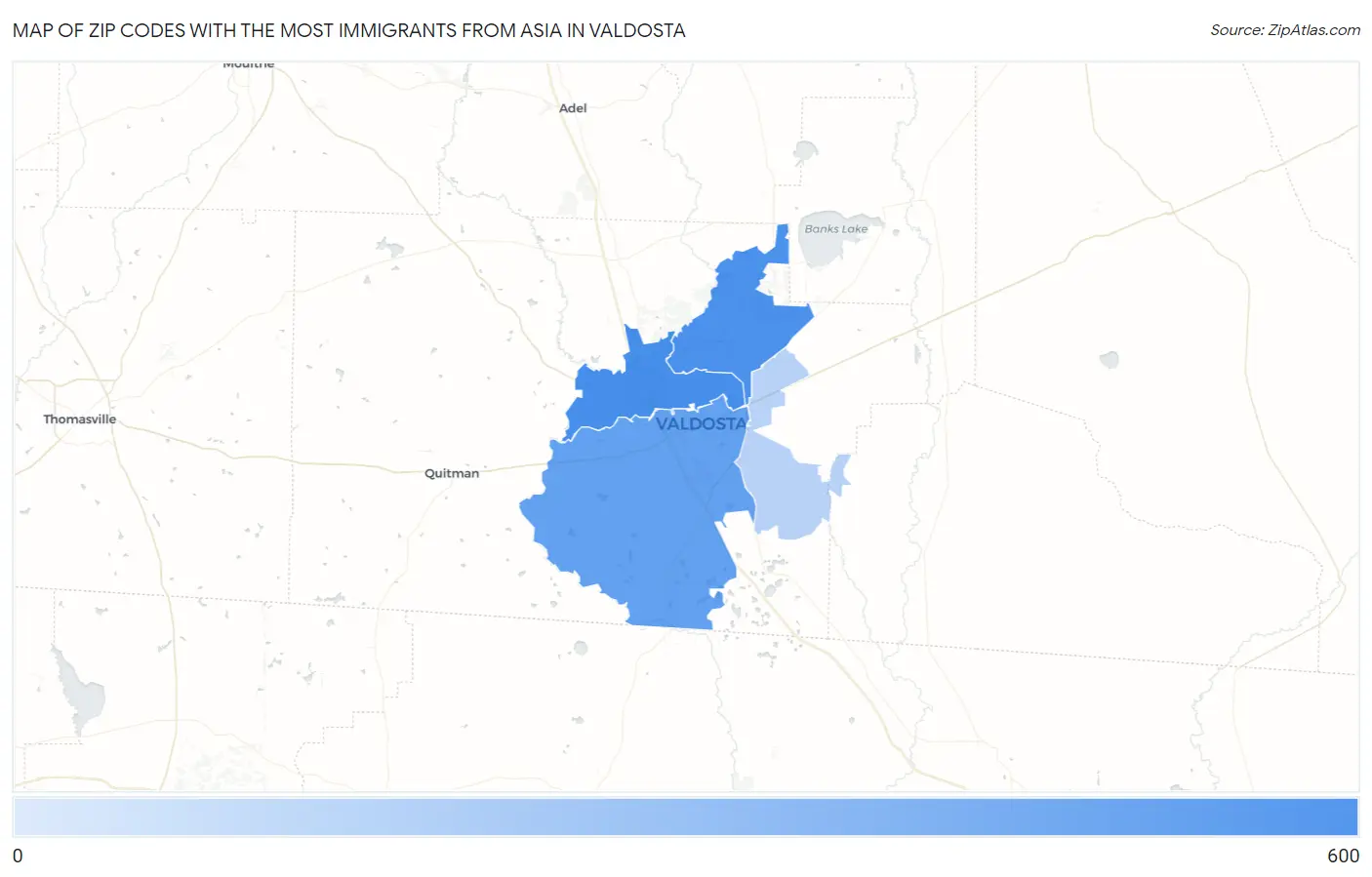 Zip Codes with the Most Immigrants from Asia in Valdosta Map