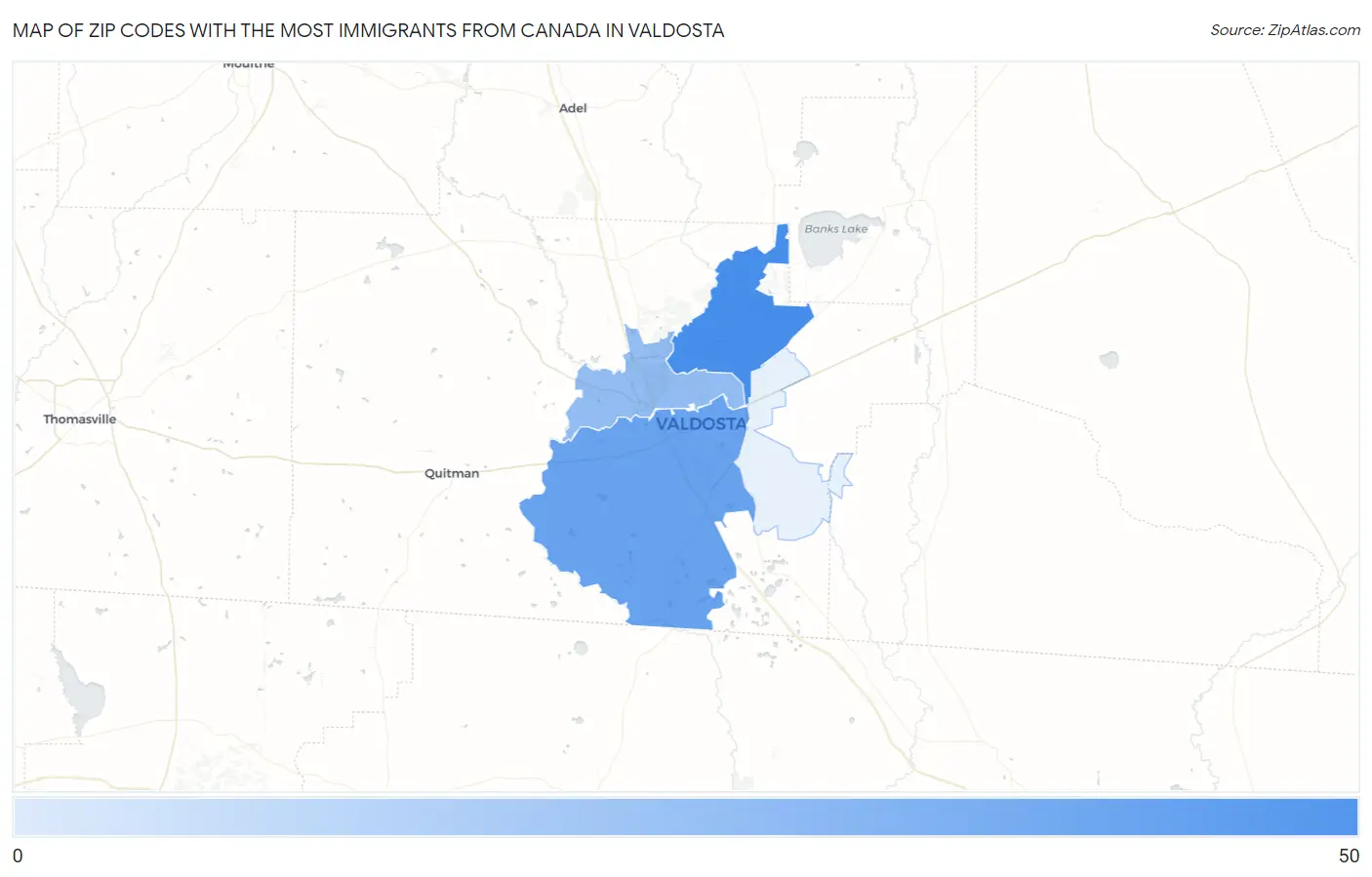 Zip Codes with the Most Immigrants from Canada in Valdosta Map
