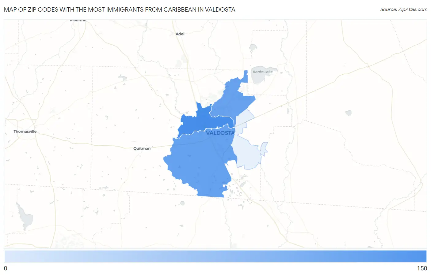 Zip Codes with the Most Immigrants from Caribbean in Valdosta Map