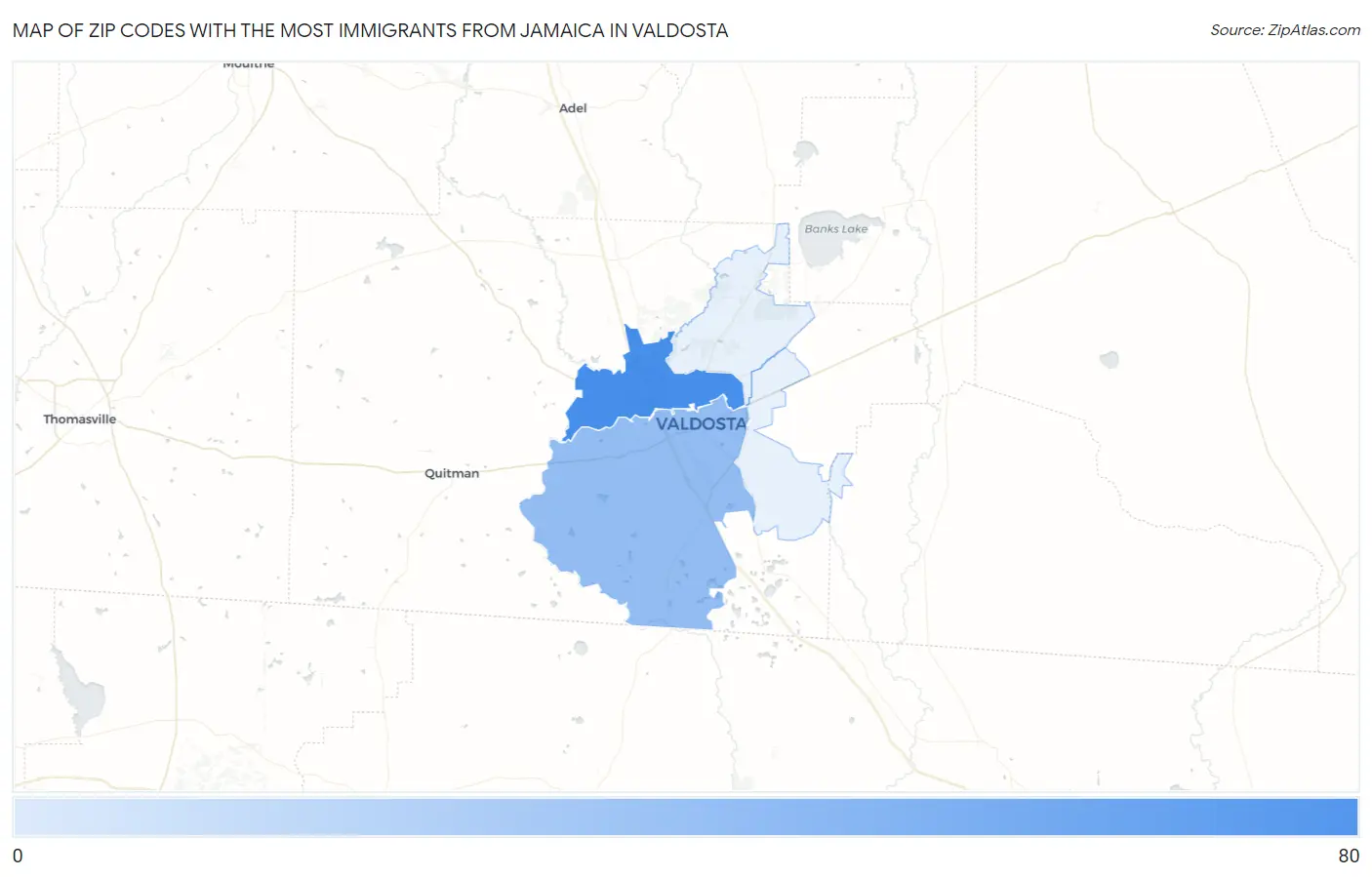 Zip Codes with the Most Immigrants from Jamaica in Valdosta Map
