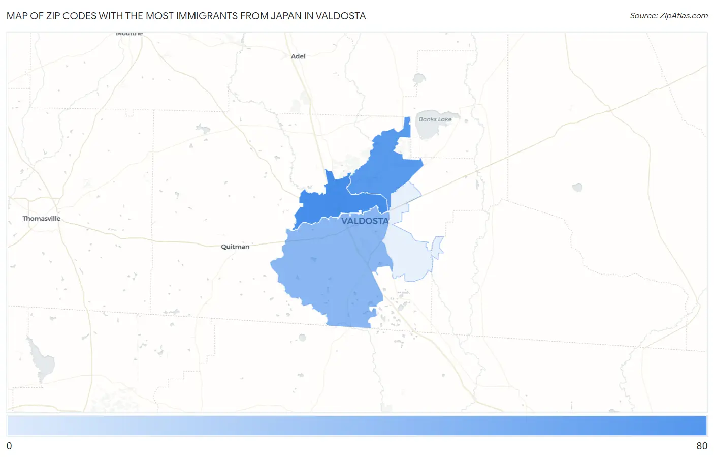Zip Codes with the Most Immigrants from Japan in Valdosta Map