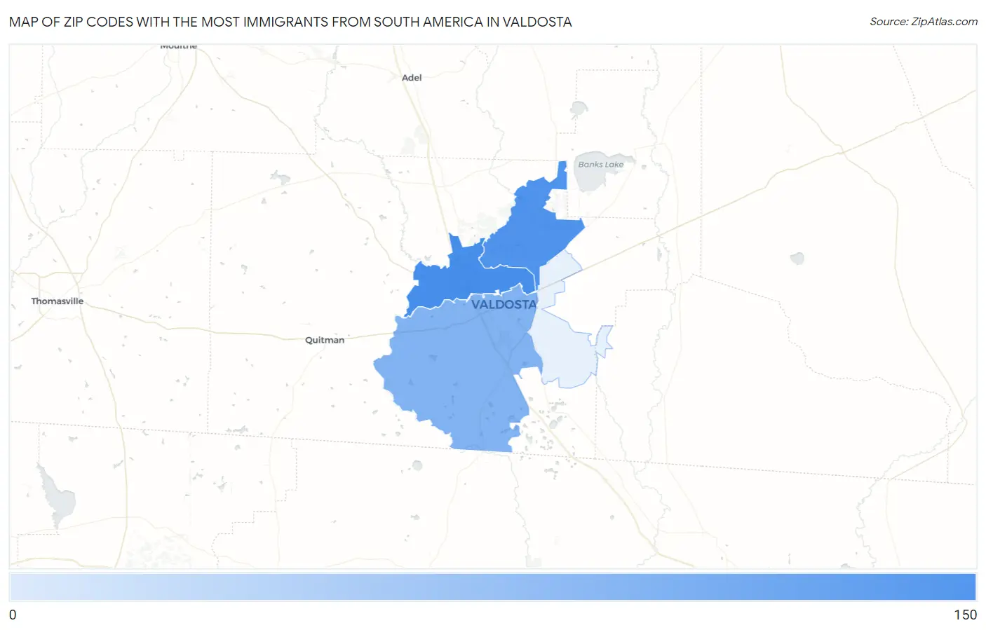 Zip Codes with the Most Immigrants from South America in Valdosta Map