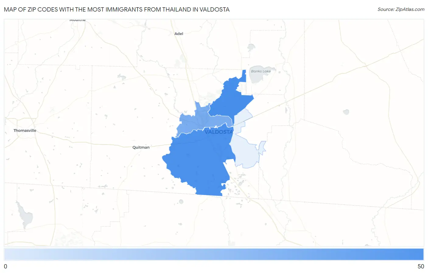 Zip Codes with the Most Immigrants from Thailand in Valdosta Map