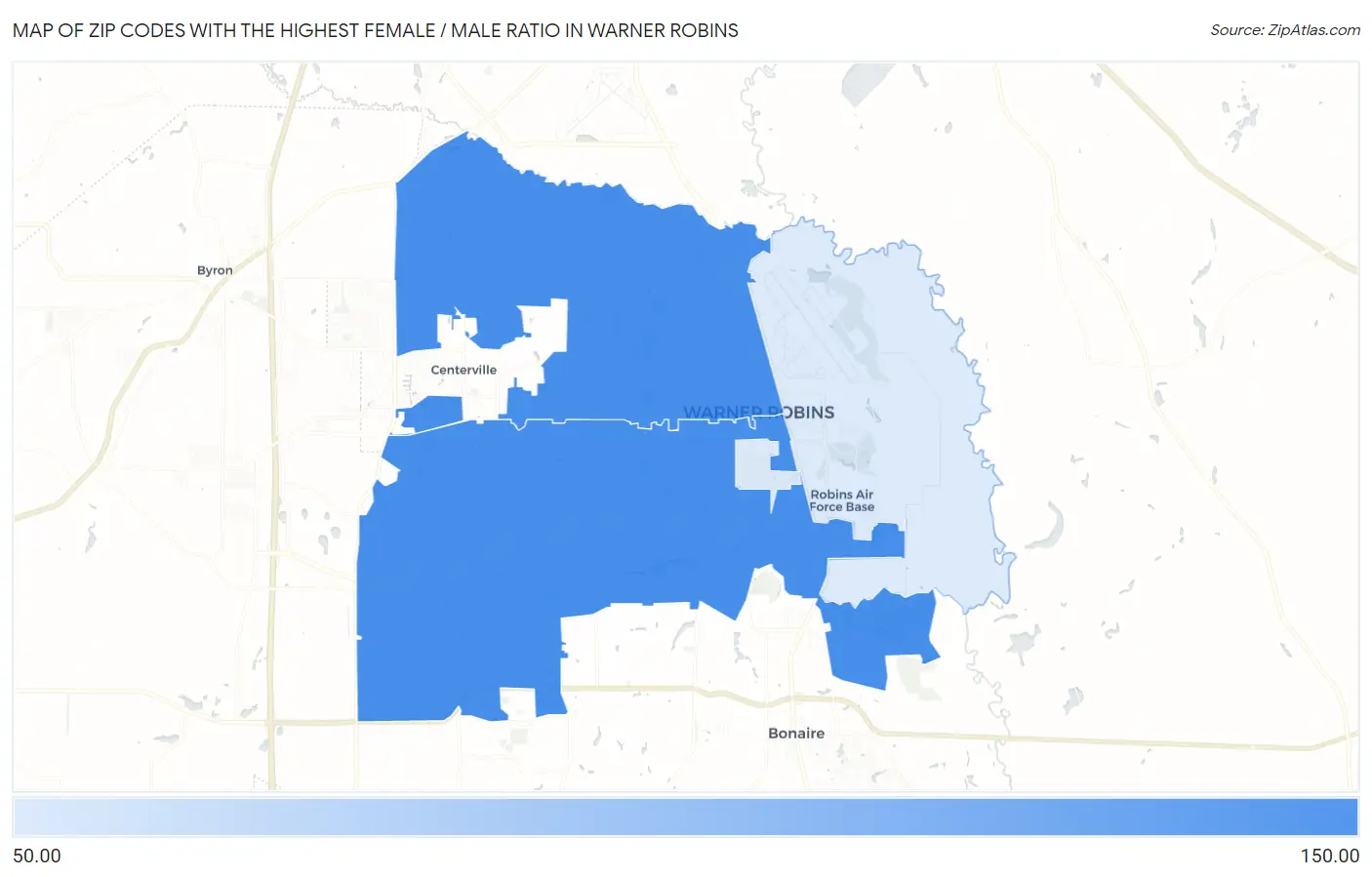 Zip Codes with the Highest Female / Male Ratio in Warner Robins Map