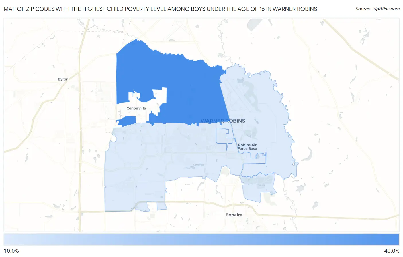 Zip Codes with the Highest Child Poverty Level Among Boys Under the Age of 16 in Warner Robins Map