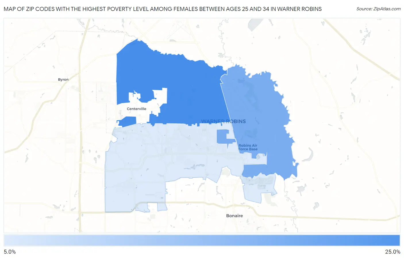 Zip Codes with the Highest Poverty Level Among Females Between Ages 25 and 34 in Warner Robins Map