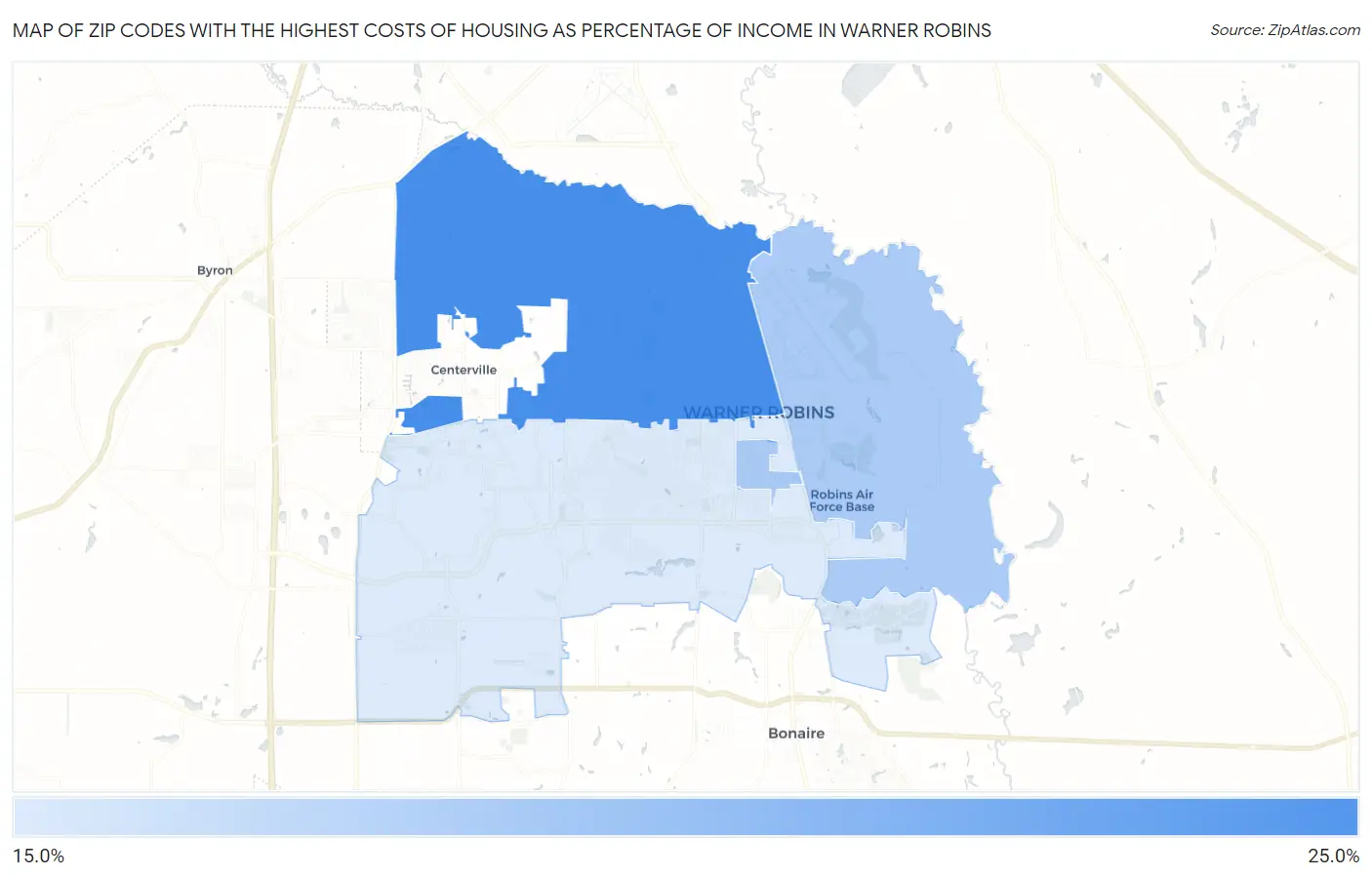 Zip Codes with the Highest Costs of Housing as Percentage of Income in Warner Robins Map