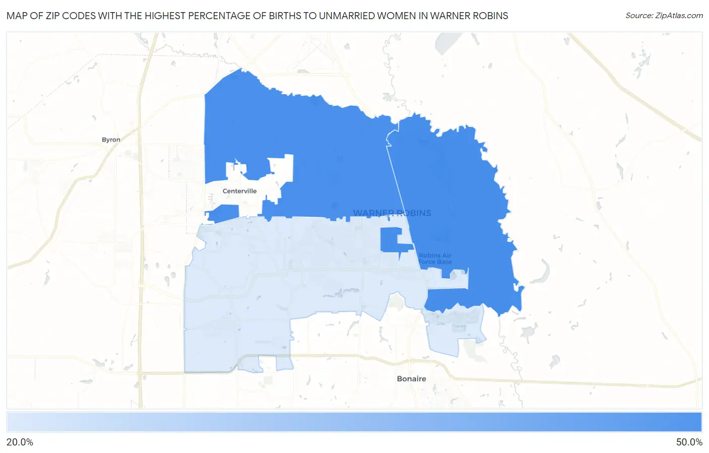 Zip Codes with the Highest Percentage of Births to Unmarried Women in Warner Robins Map