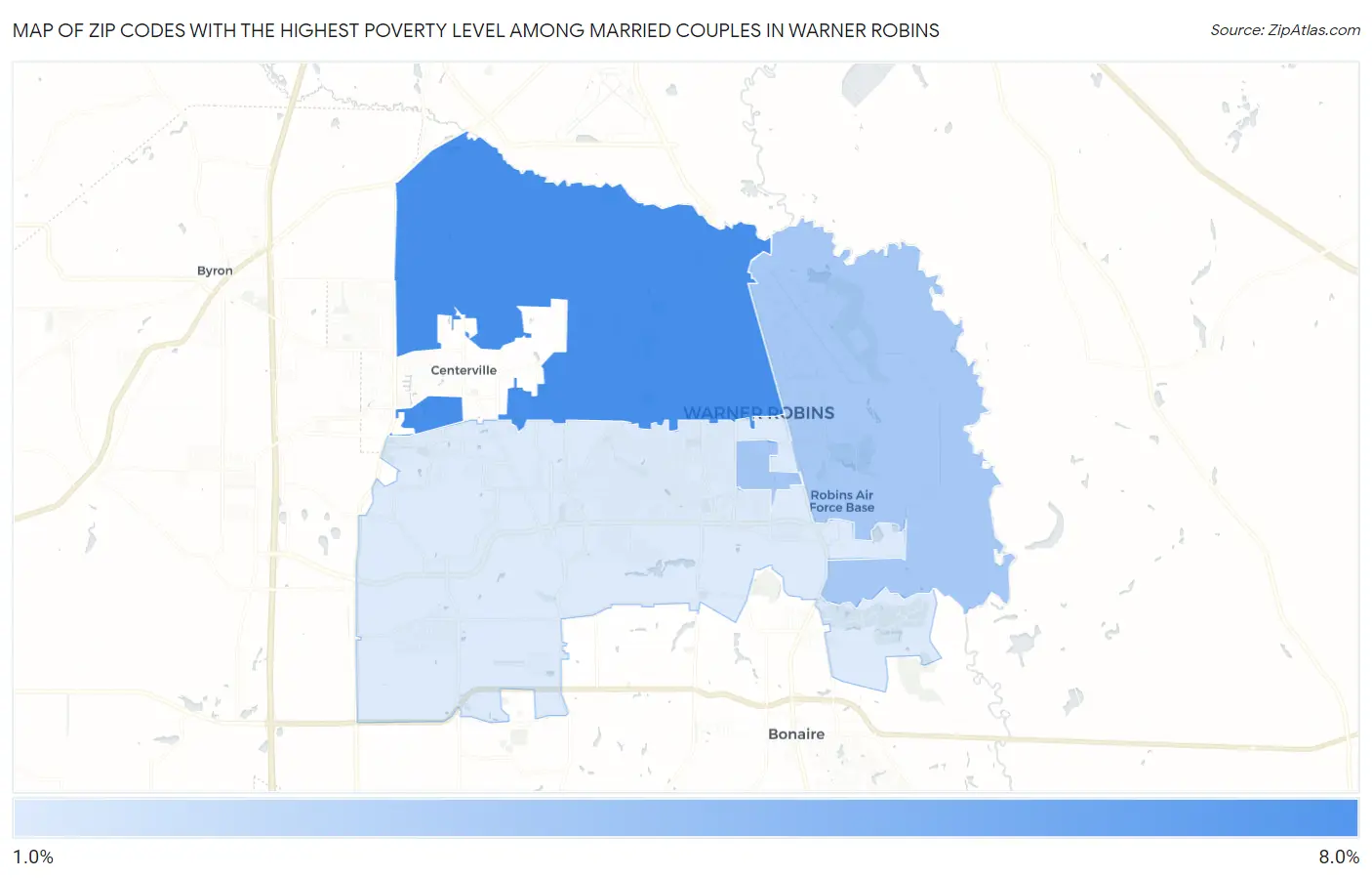 Zip Codes with the Highest Poverty Level Among Married Couples in Warner Robins Map