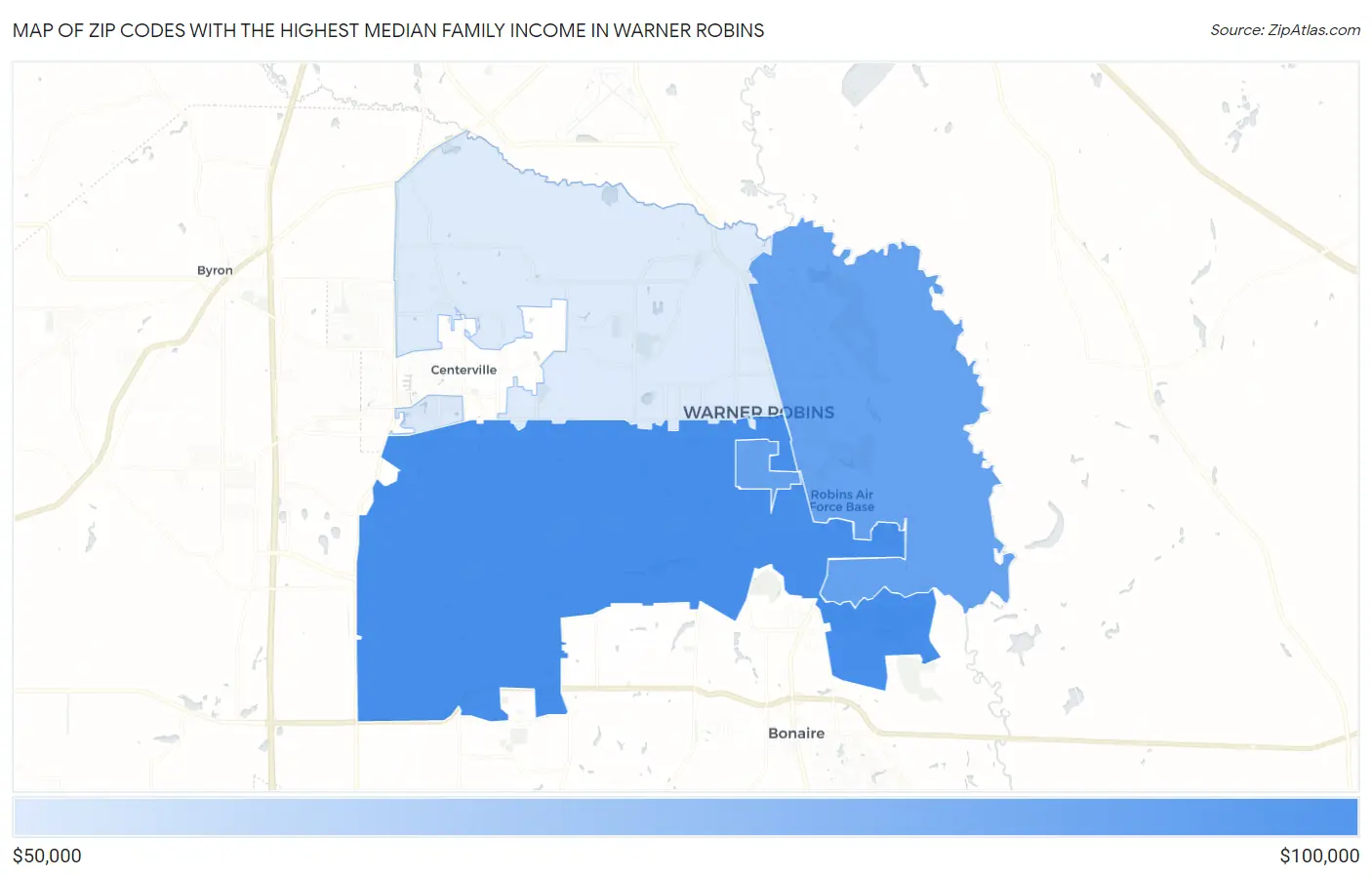 Zip Codes with the Highest Median Family Income in Warner Robins Map