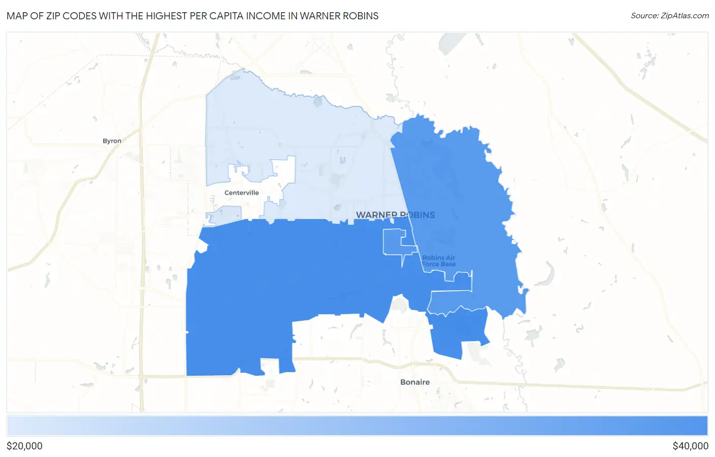 Zip Codes with the Highest Per Capita Income in Warner Robins Map