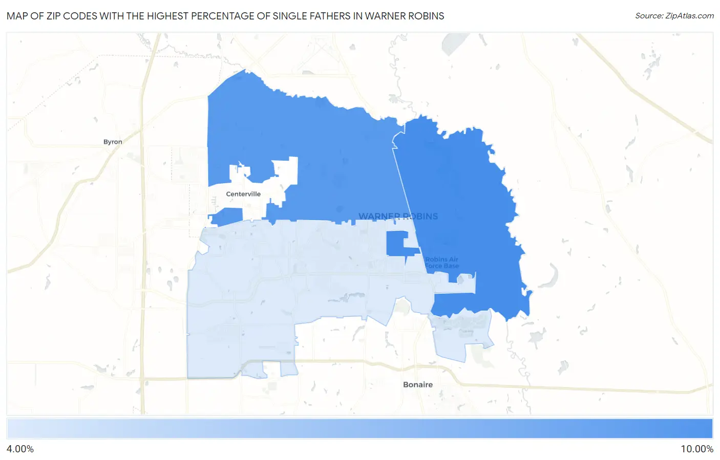 Zip Codes with the Highest Percentage of Single Fathers in Warner Robins Map