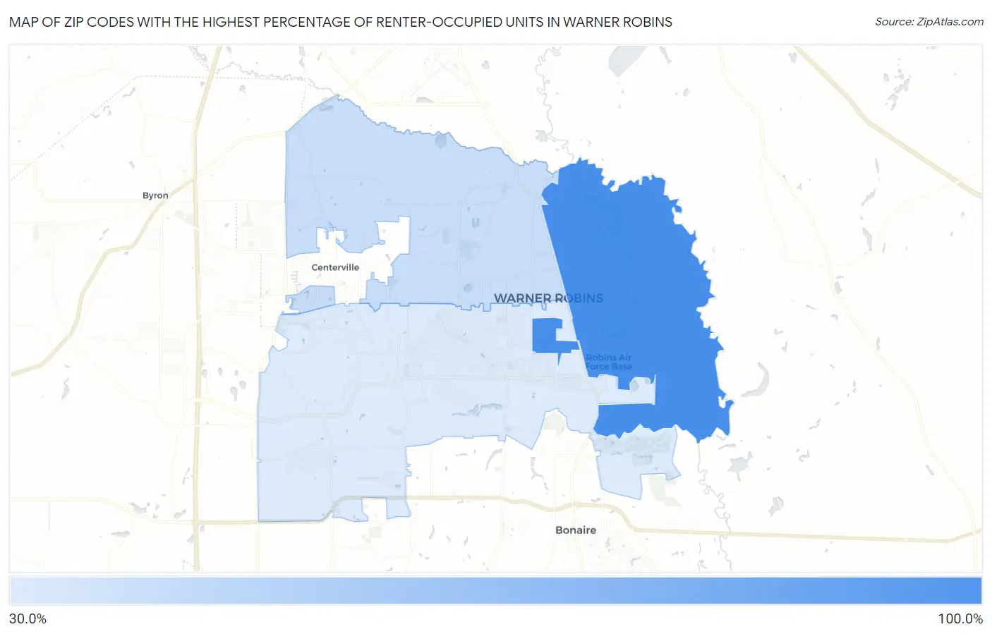 Zip Codes with the Highest Percentage of Renter-Occupied Units in Warner Robins Map