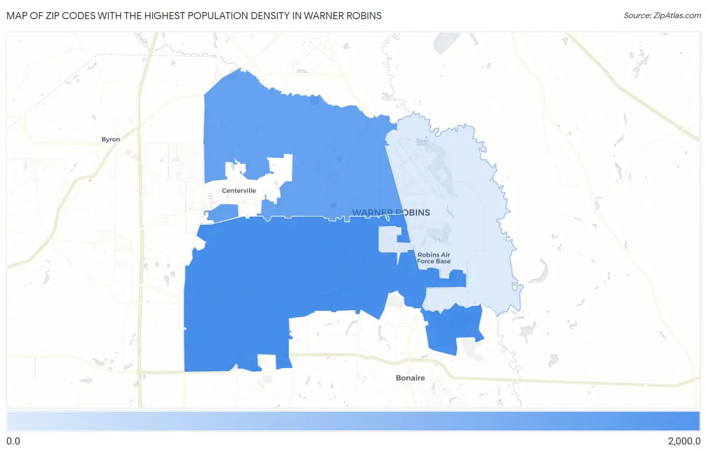 Zip Codes with the Highest Population Density in Warner Robins Map
