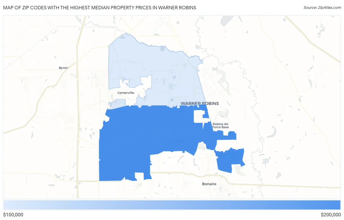 Zip Codes with the Highest Median Property Prices in Warner Robins Map