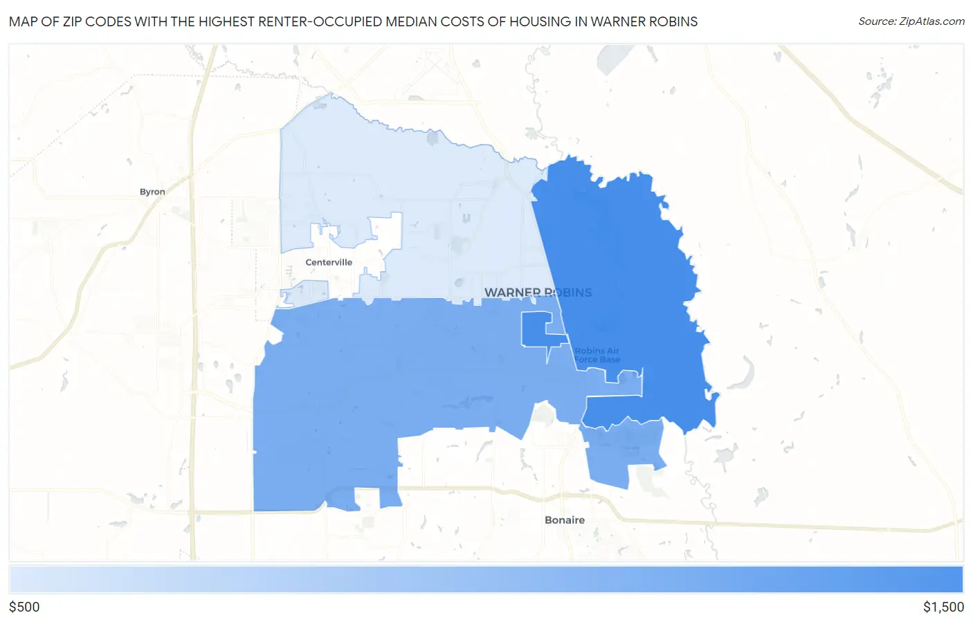 Zip Codes with the Highest Renter-Occupied Median Costs of Housing in Warner Robins Map