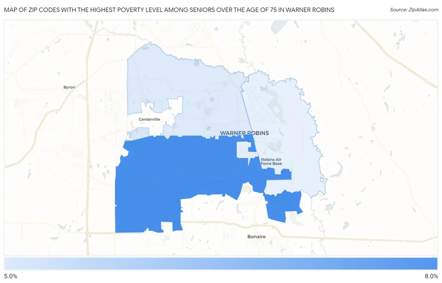 Zip Codes with the Highest Poverty Level Among Seniors Over the Age of 75 in Warner Robins Map