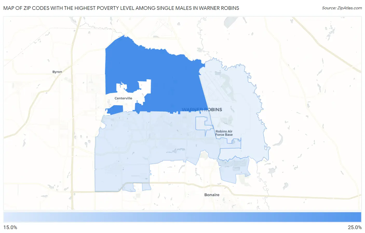 Zip Codes with the Highest Poverty Level Among Single Males in Warner Robins Map