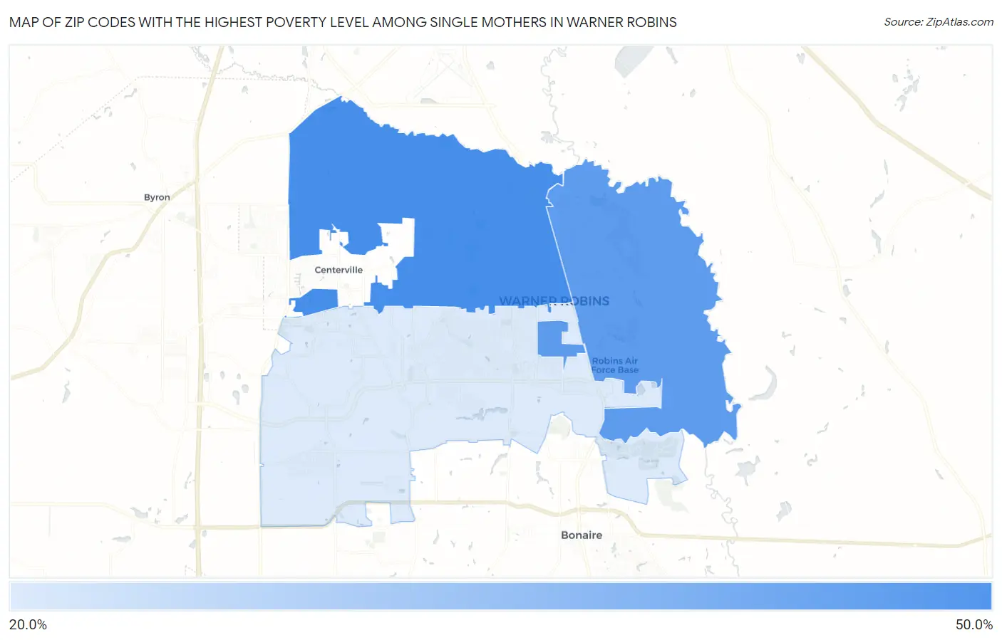 Zip Codes with the Highest Poverty Level Among Single Mothers in Warner Robins Map