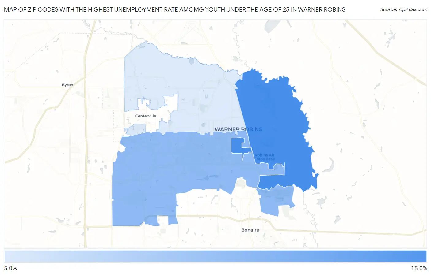 Zip Codes with the Highest Unemployment Rate Amomg Youth Under the Age of 25 in Warner Robins Map