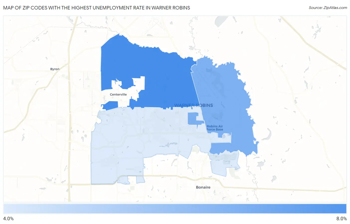 Zip Codes with the Highest Unemployment Rate in Warner Robins Map