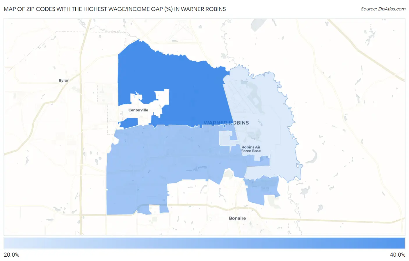 Zip Codes with the Highest Wage/Income Gap (%) in Warner Robins Map