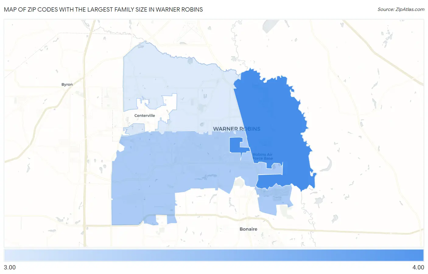 Zip Codes with the Largest Family Size in Warner Robins Map
