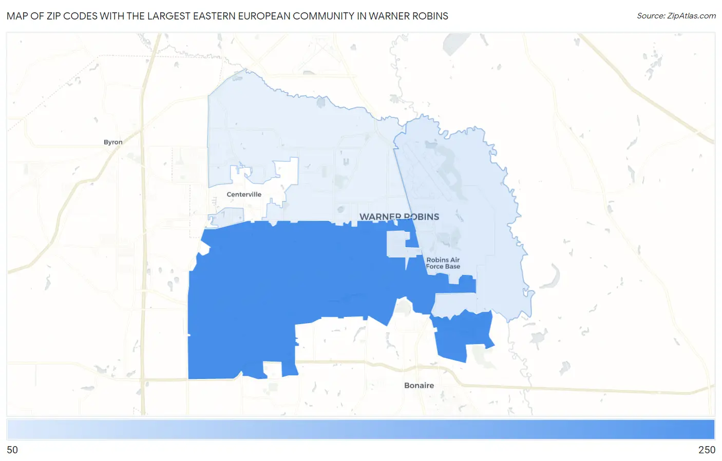 Zip Codes with the Largest Eastern European Community in Warner Robins Map