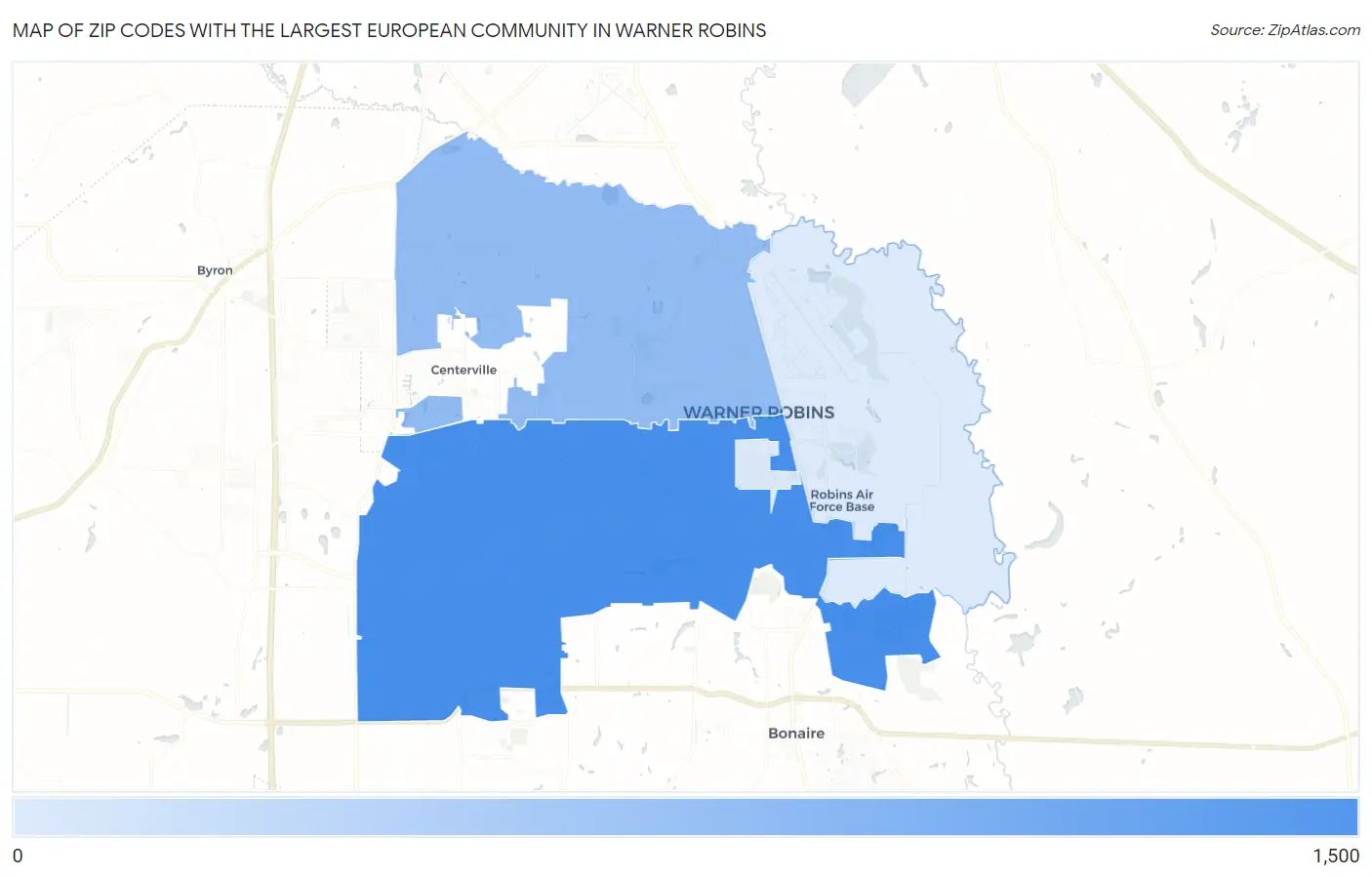 Zip Codes with the Largest European Community in Warner Robins Map