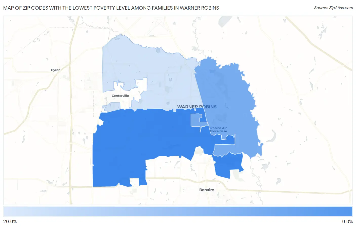 Zip Codes with the Lowest Poverty Level Among Families in Warner Robins Map