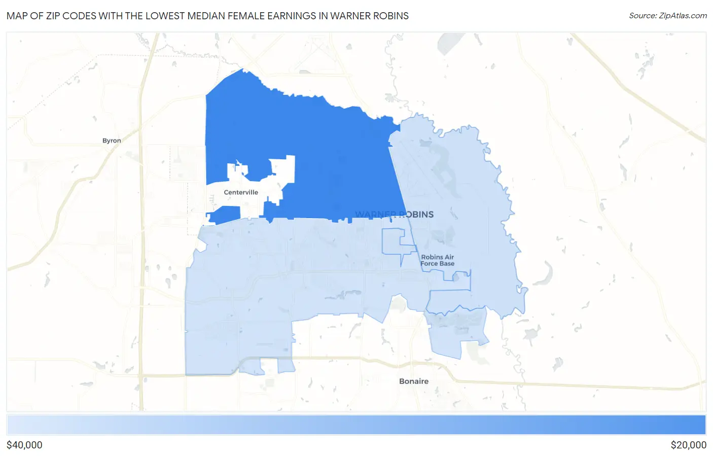 Zip Codes with the Lowest Median Female Earnings in Warner Robins Map