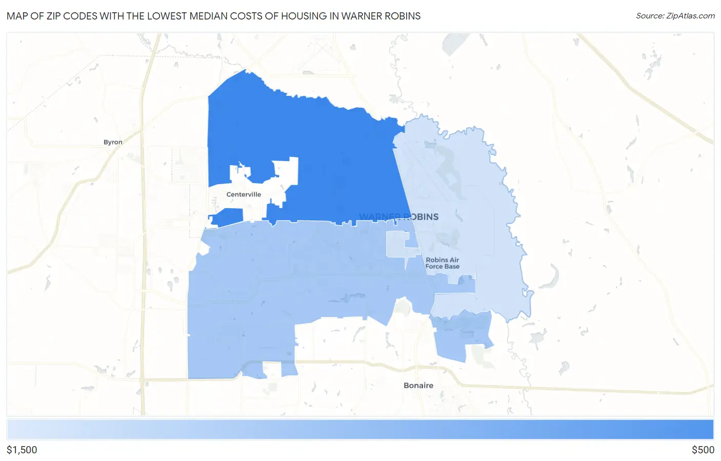 Zip Codes with the Lowest Median Costs of Housing in Warner Robins Map