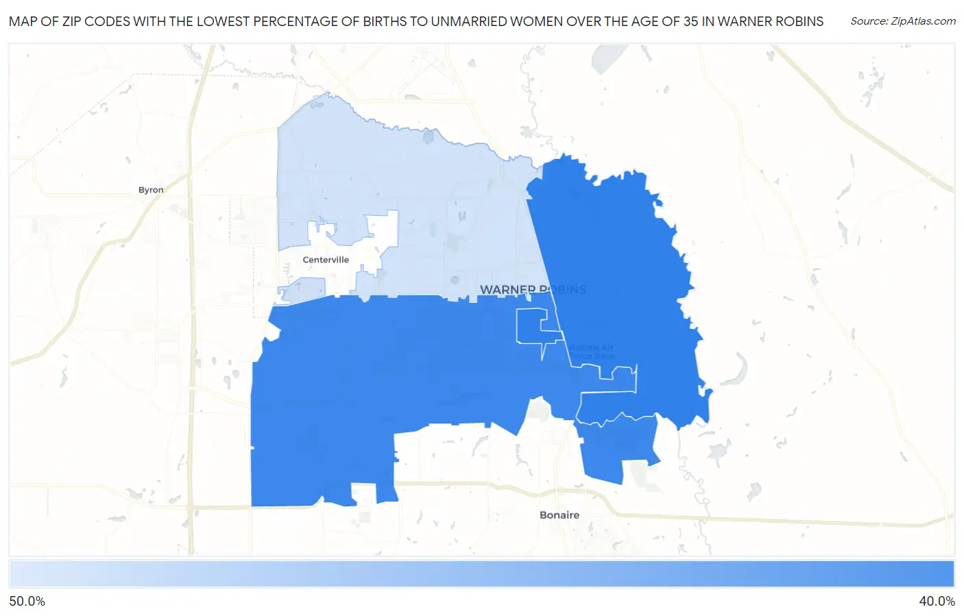 Zip Codes with the Lowest Percentage of Births to Unmarried Women over the Age of 35 in Warner Robins Map