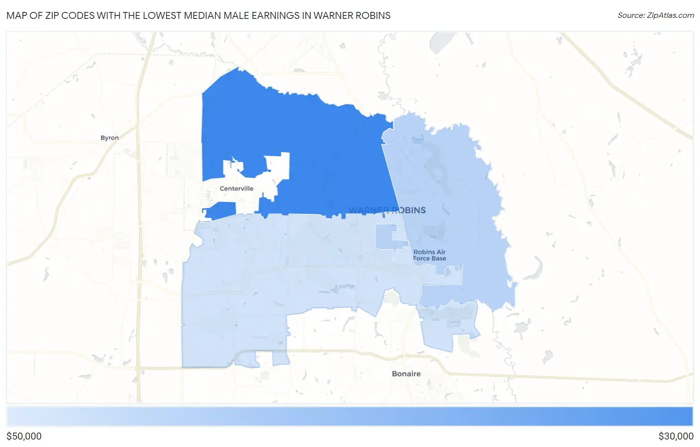 Zip Codes with the Lowest Median Male Earnings in Warner Robins Map