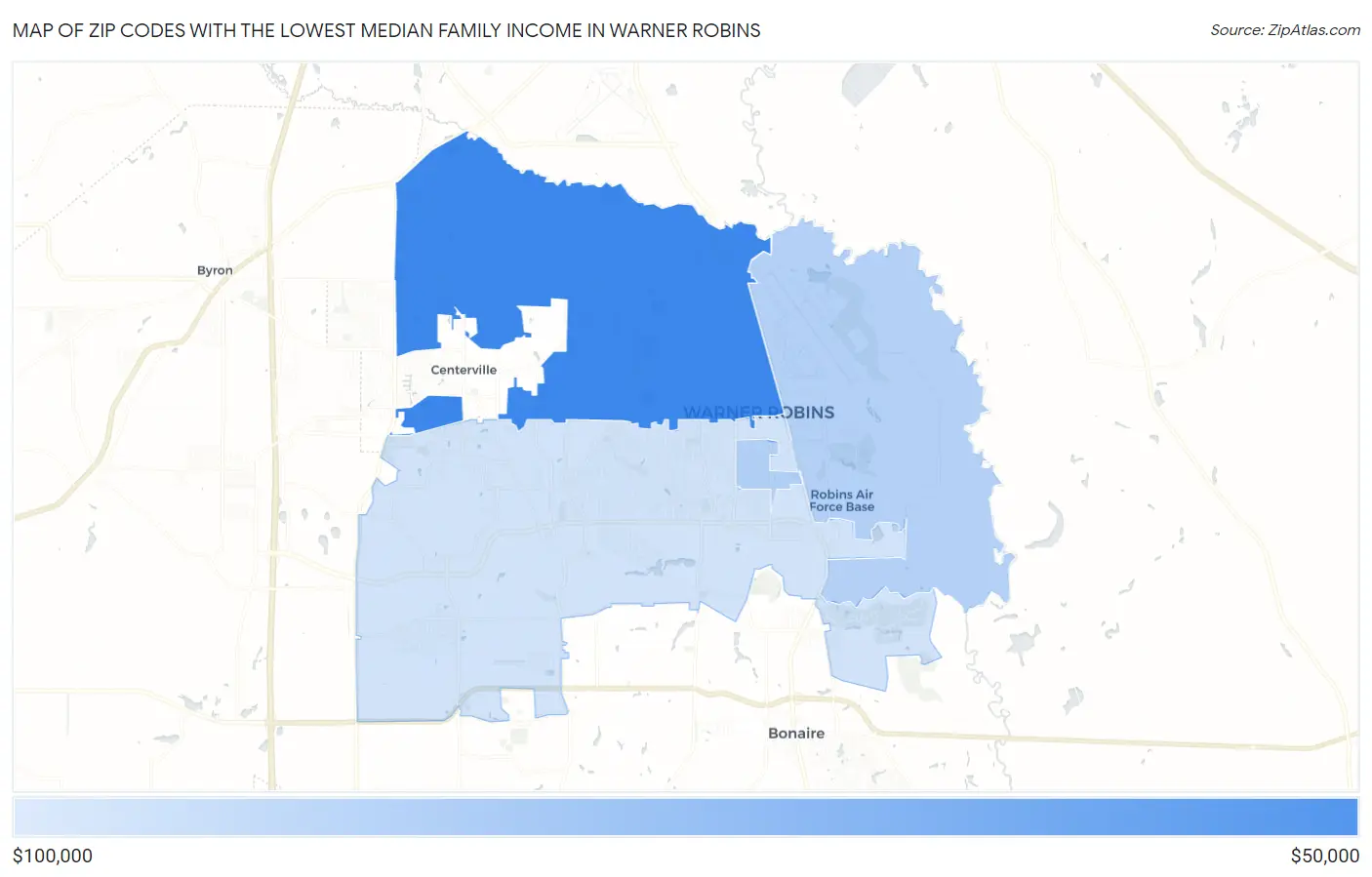 Zip Codes with the Lowest Median Family Income in Warner Robins Map