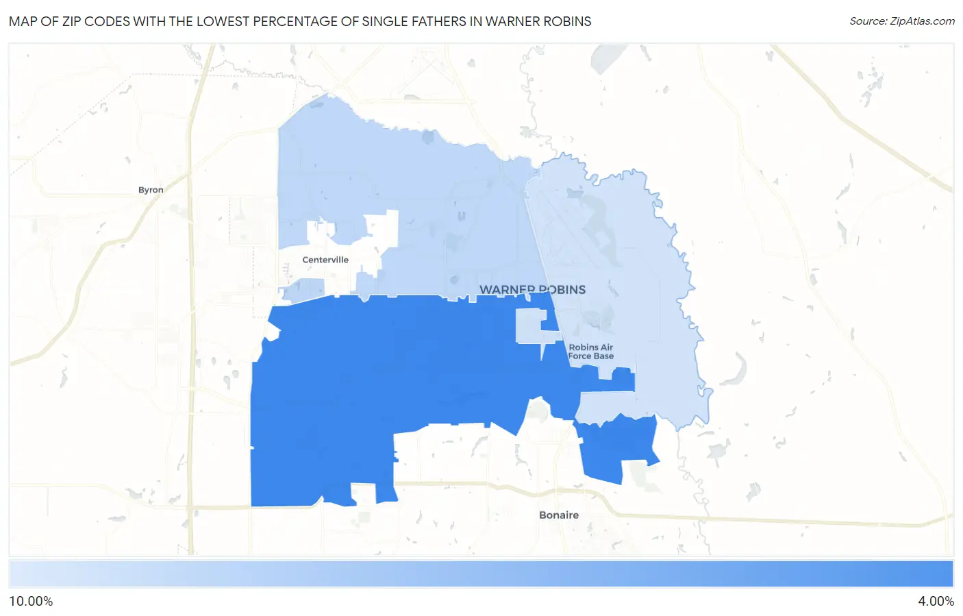 Zip Codes with the Lowest Percentage of Single Fathers in Warner Robins Map