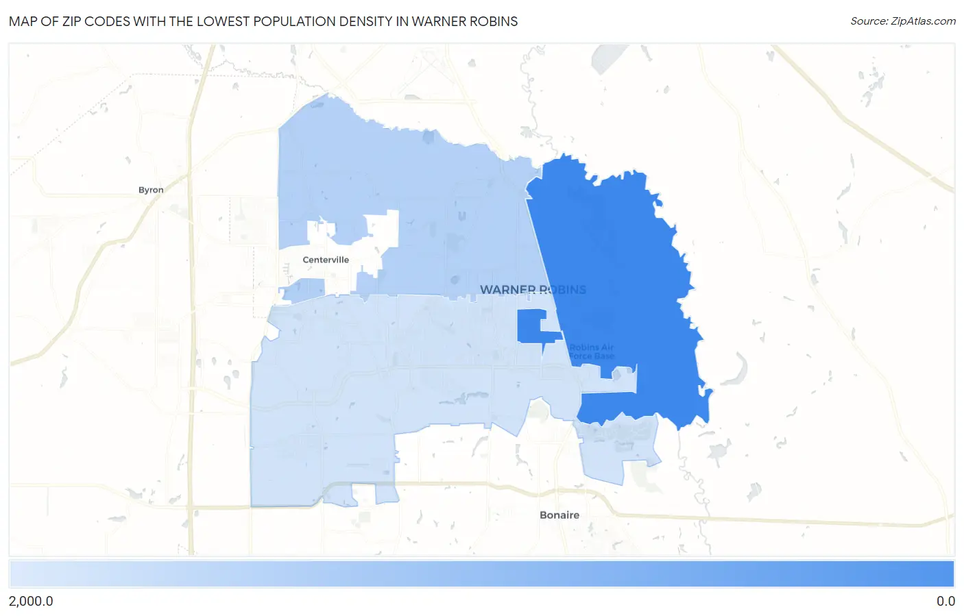 Zip Codes with the Lowest Population Density in Warner Robins Map