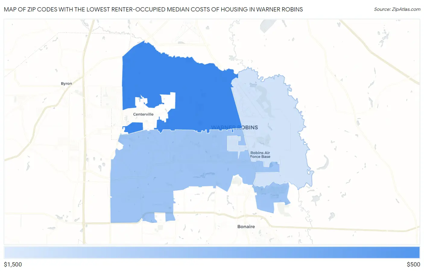 Zip Codes with the Lowest Renter-Occupied Median Costs of Housing in Warner Robins Map