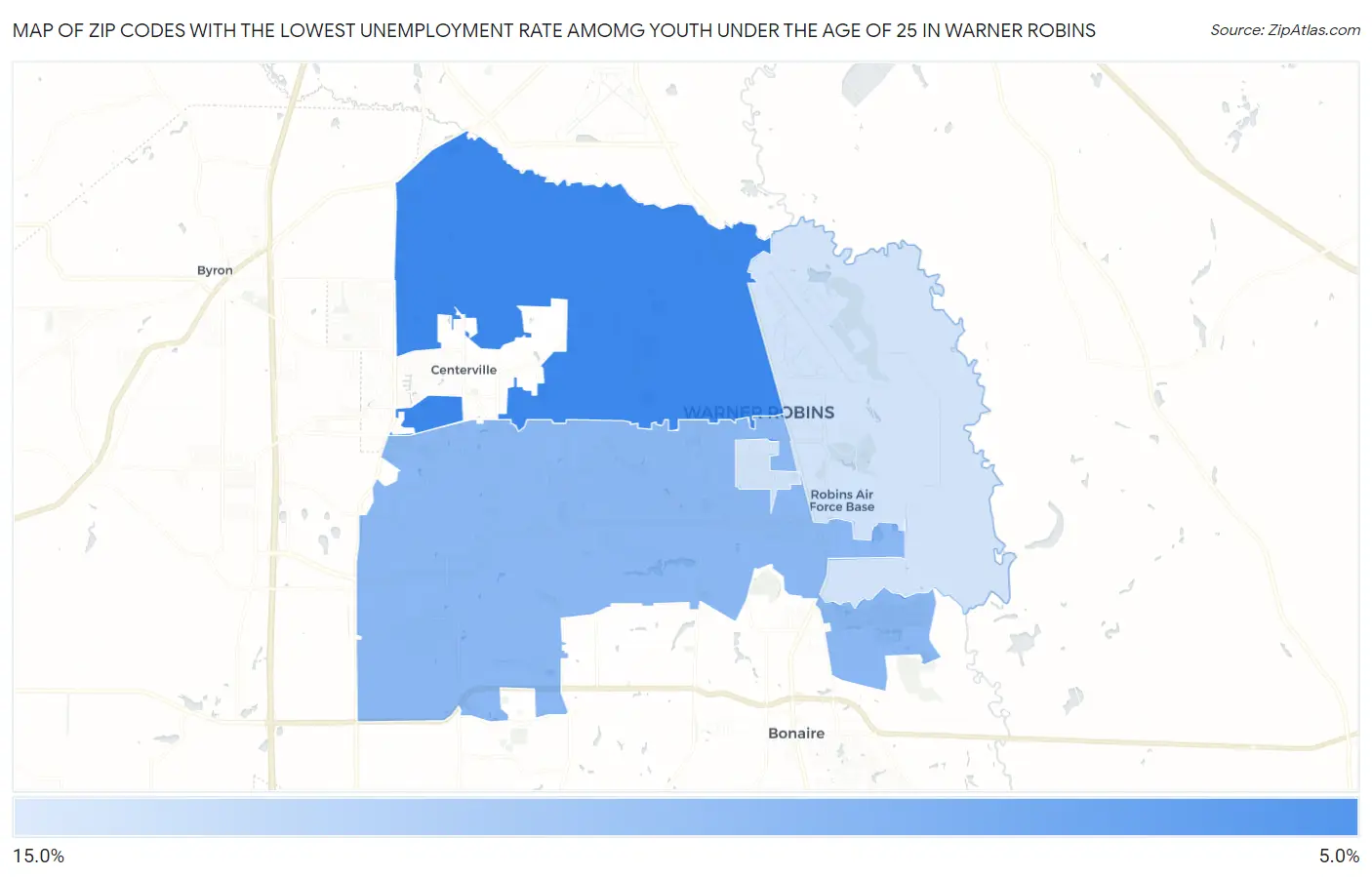 Zip Codes with the Lowest Unemployment Rate Amomg Youth Under the Age of 25 in Warner Robins Map