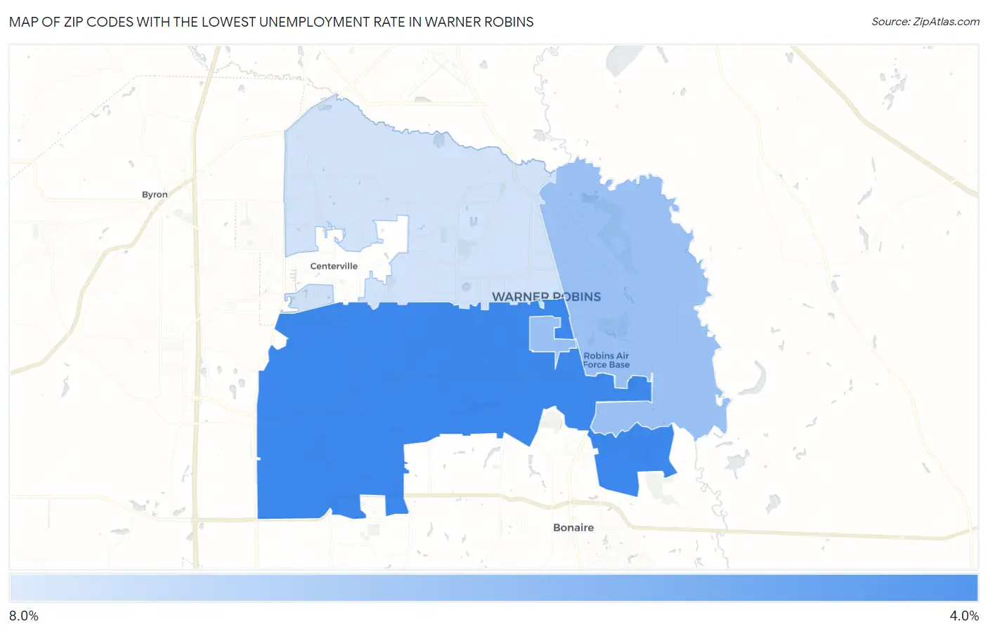 Zip Codes with the Lowest Unemployment Rate in Warner Robins Map