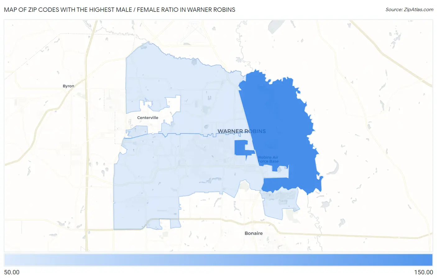 Zip Codes with the Highest Male / Female Ratio in Warner Robins Map