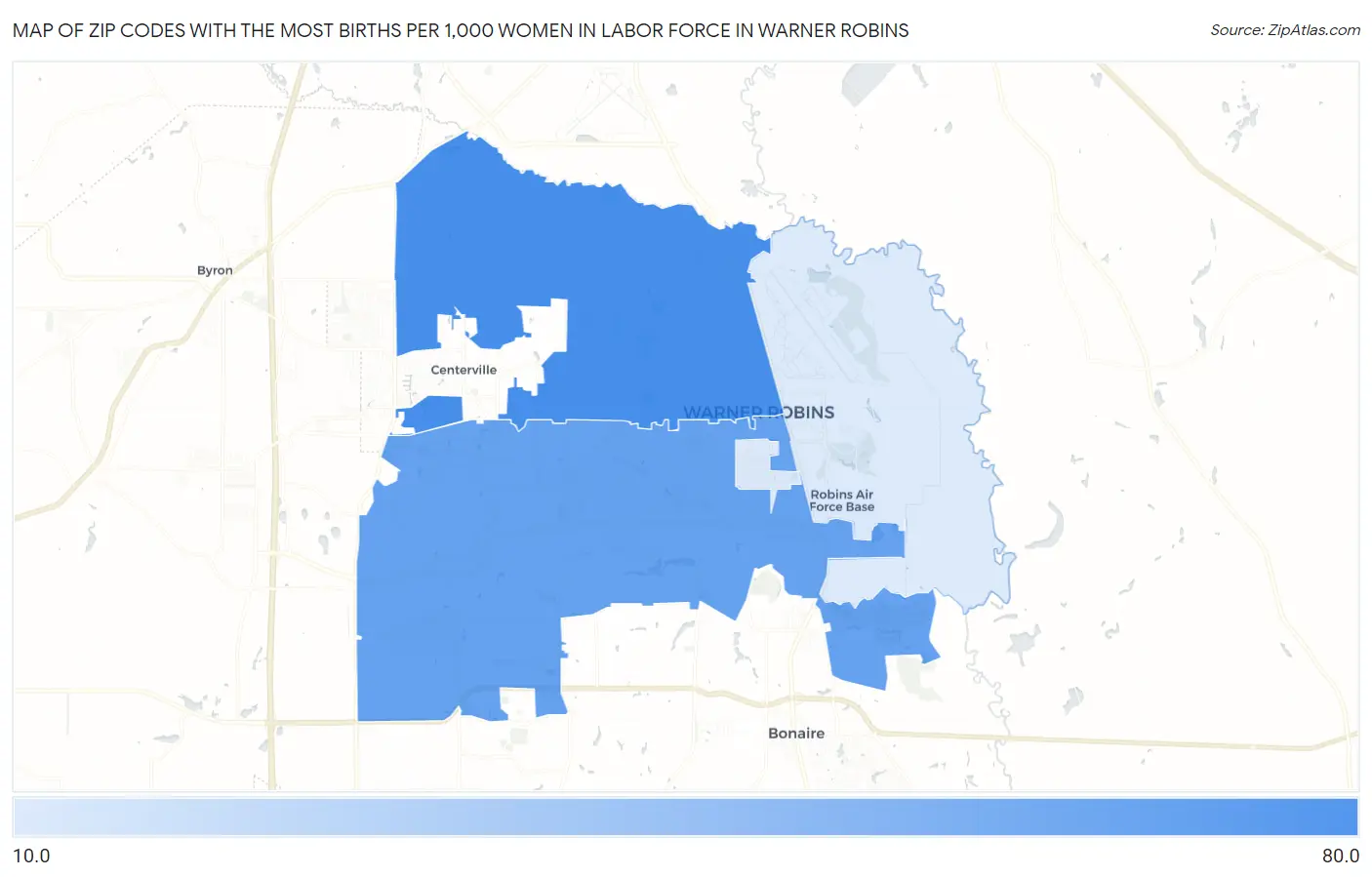 Zip Codes with the Most Births per 1,000 Women in Labor Force in Warner Robins Map