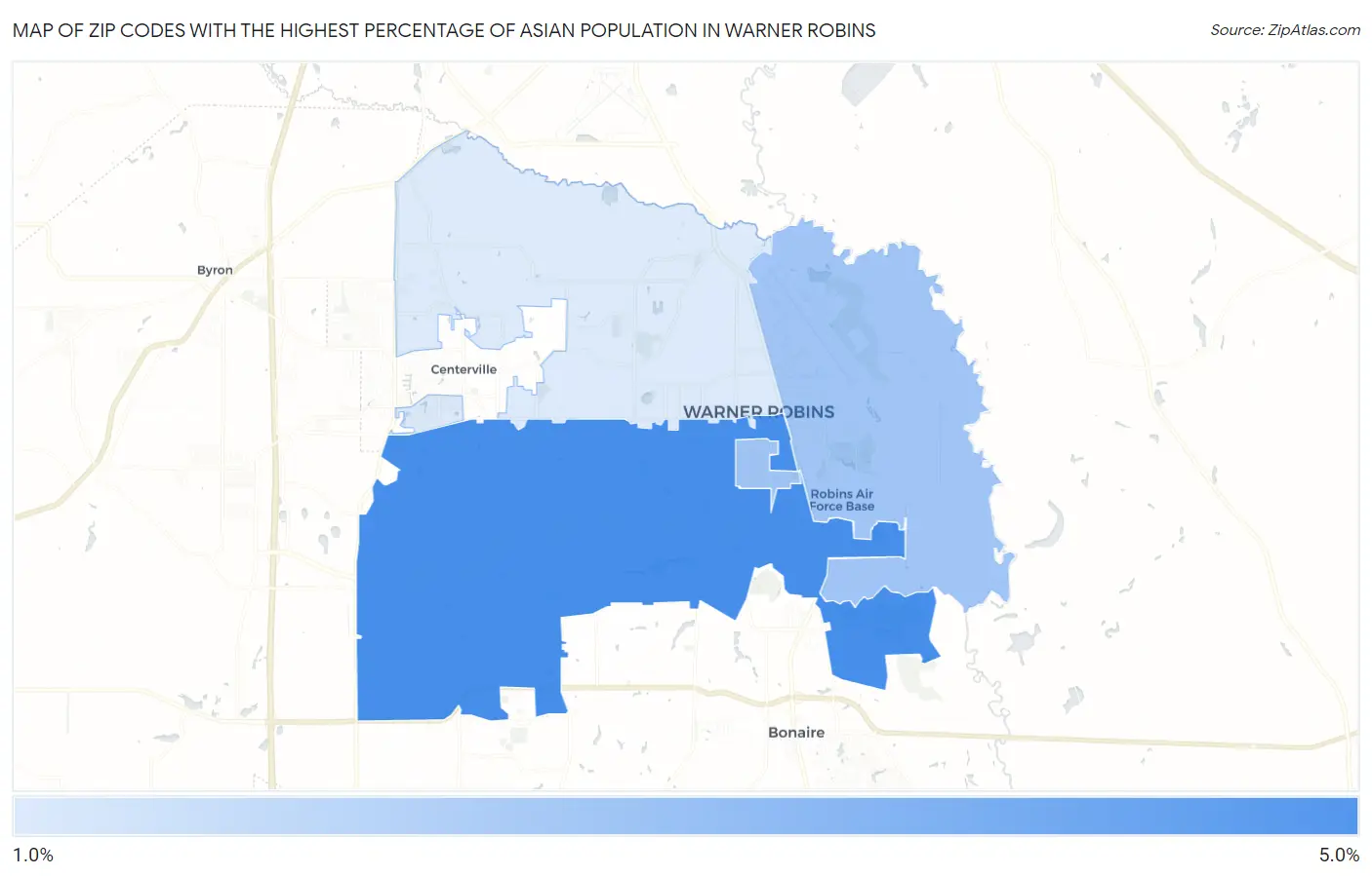 Zip Codes with the Highest Percentage of Asian Population in Warner Robins Map
