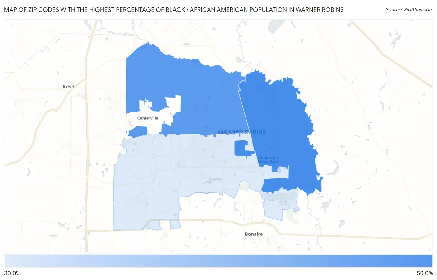 Zip Codes with the Highest Percentage of Black / African American Population in Warner Robins Map