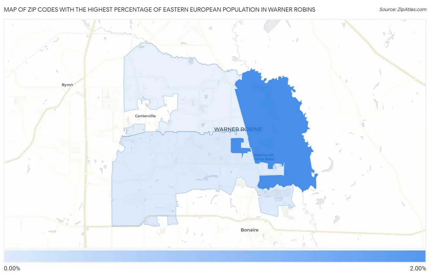 Zip Codes with the Highest Percentage of Eastern European Population in Warner Robins Map
