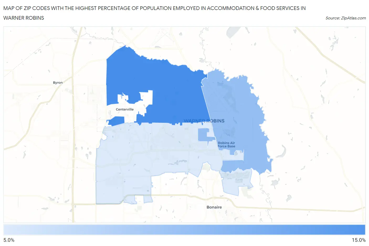 Zip Codes with the Highest Percentage of Population Employed in Accommodation & Food Services in Warner Robins Map