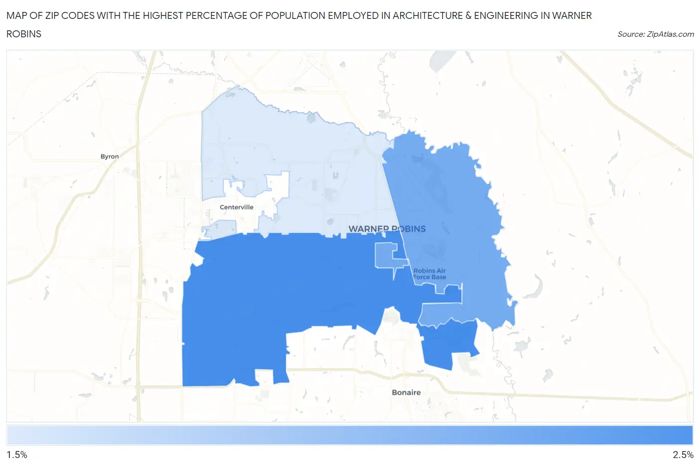 Zip Codes with the Highest Percentage of Population Employed in Architecture & Engineering in Warner Robins Map