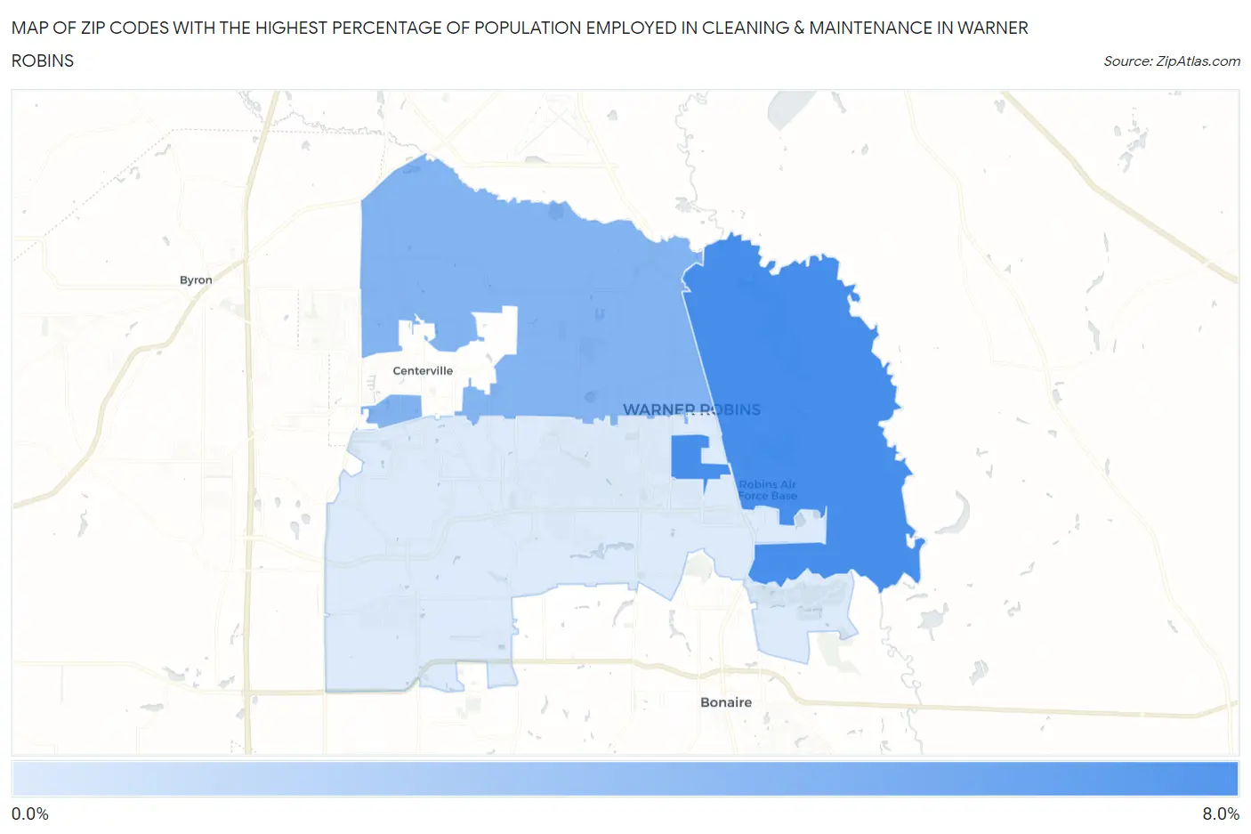 Zip Codes with the Highest Percentage of Population Employed in Cleaning & Maintenance in Warner Robins Map